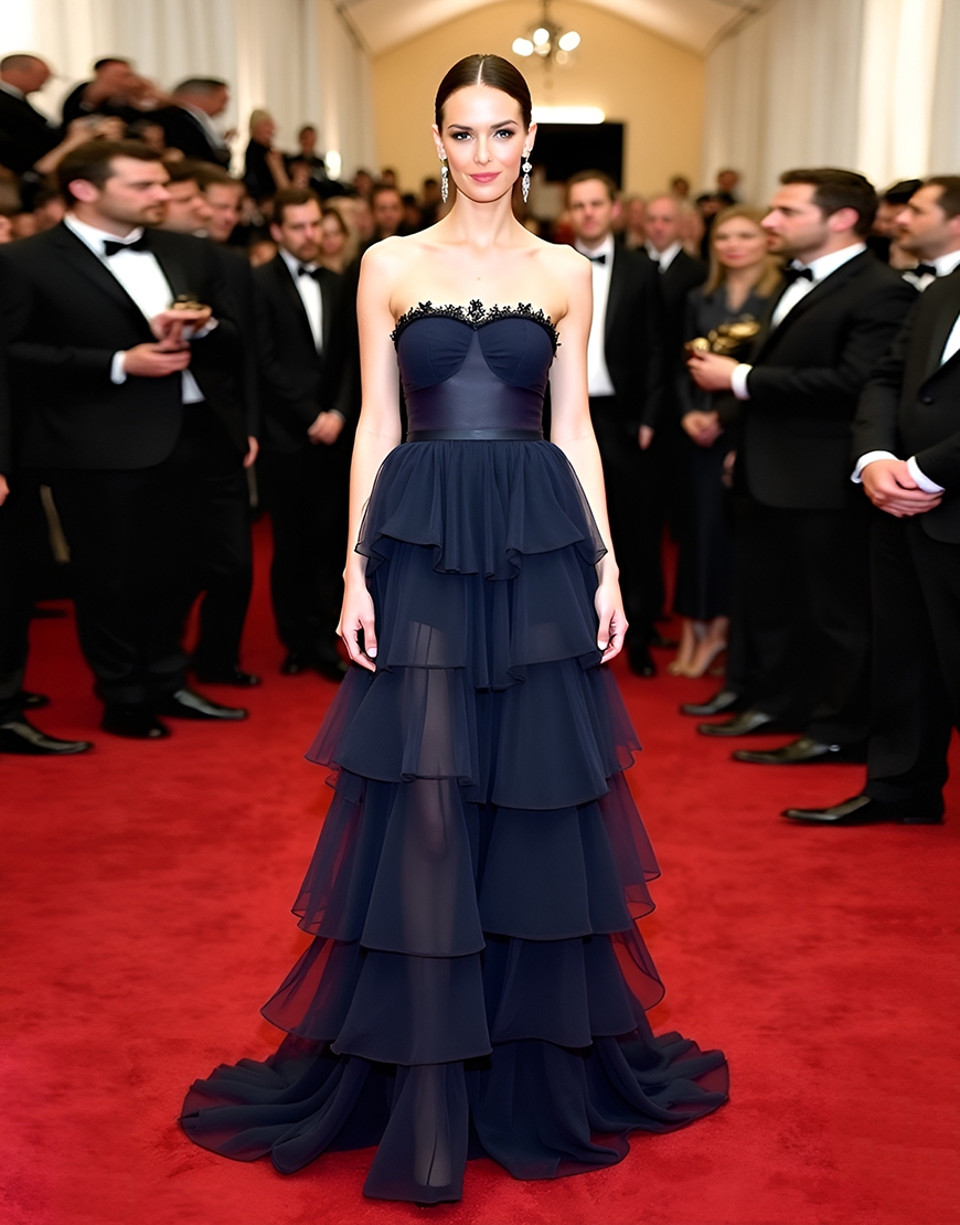 Navy A Line Strapless Ruffle Long Red Carpet Dress With Appliques
