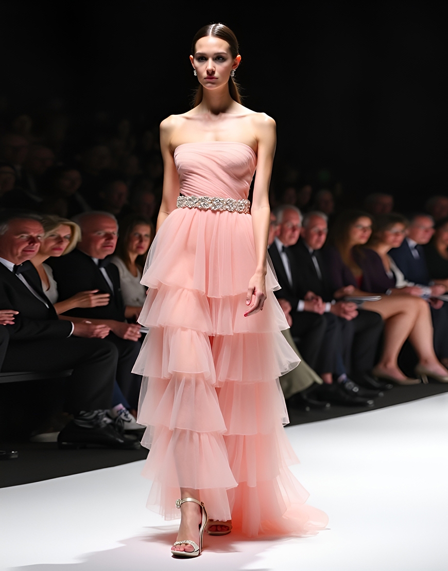 Blush A Line Strapless Beaded Long Red Carpet Dress With Ruffles