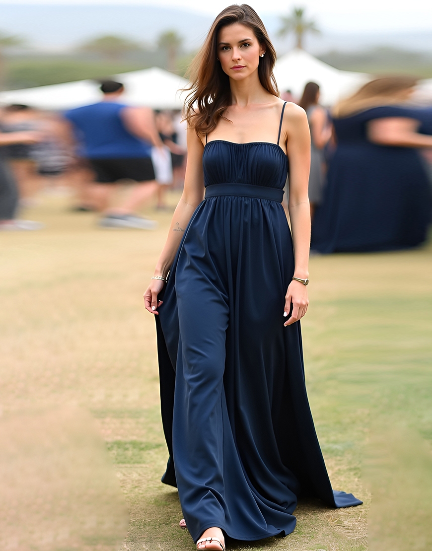Navy A Line Spaghetti Straps Ruched Long Formal Dress