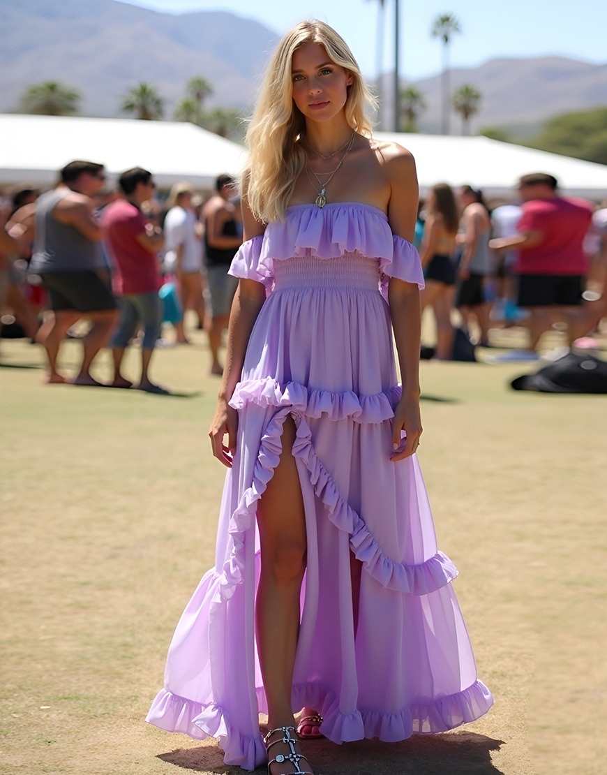 Lilac A-Line Off The Shoulder Slit Long Formal Dress With Ruffles