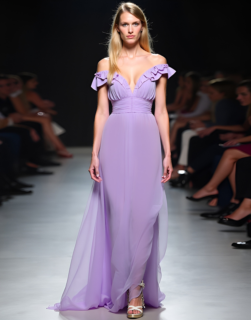Lilac A Line V Neck Ruched Long Tulle Red Carpet Dress 