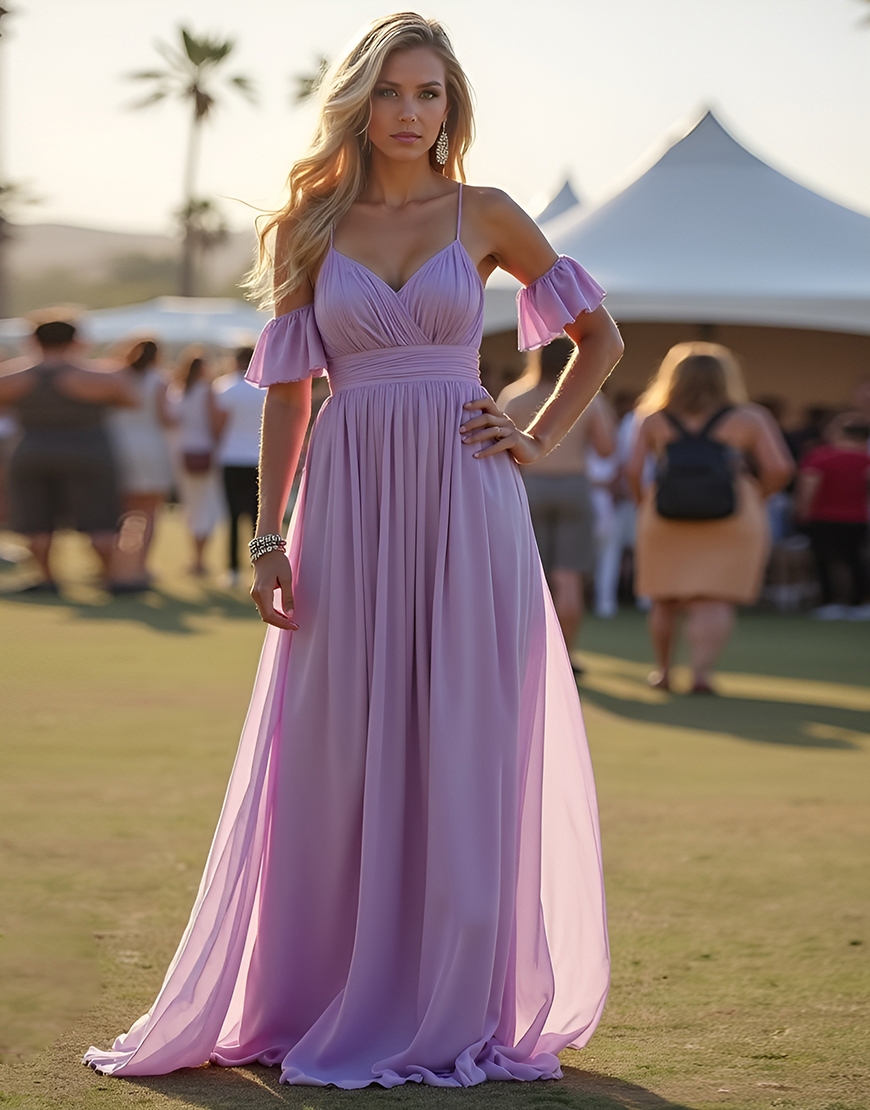A-Line Lilac Spaghetti Straps Ruched Long Tulle Formal Dress 