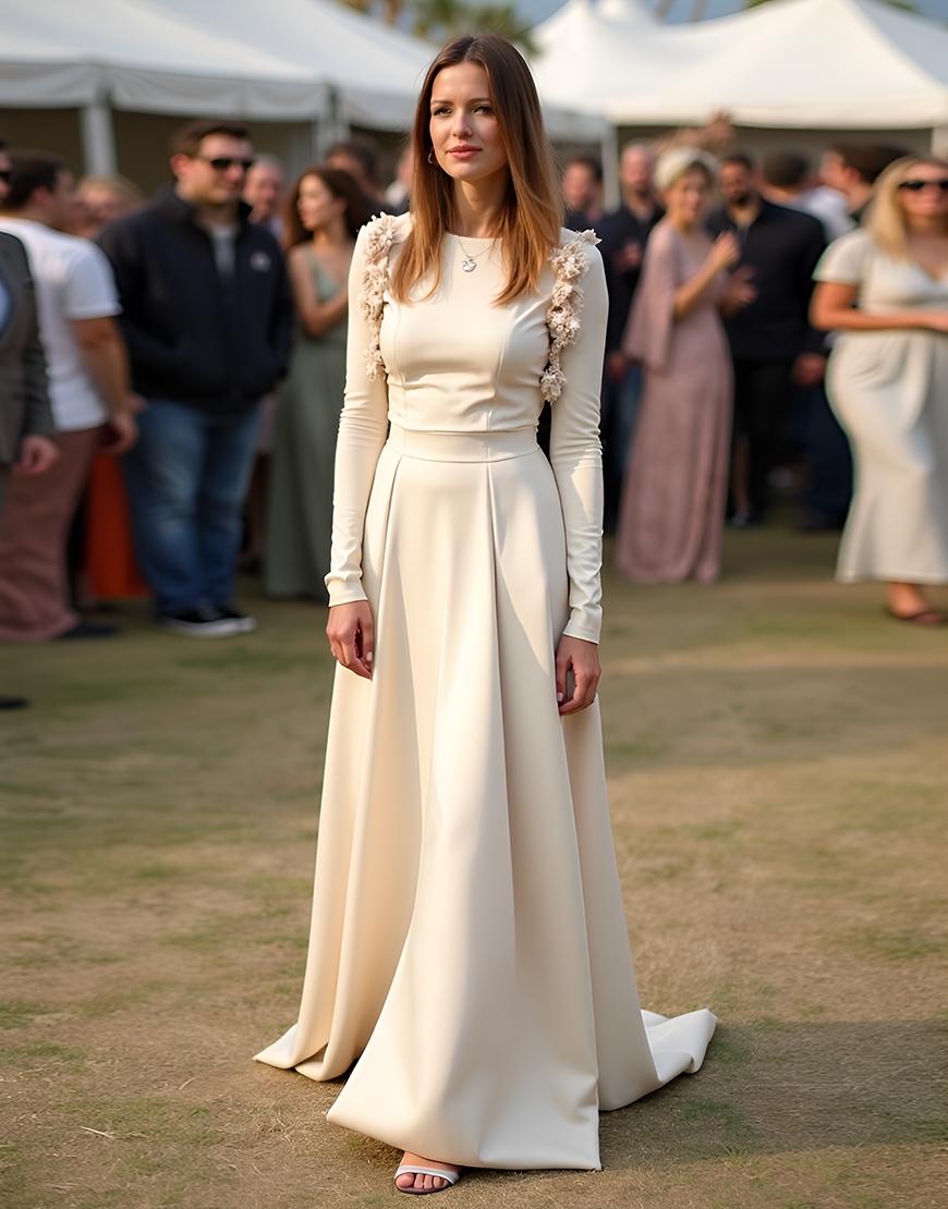 Apricot A-Line Ruffles Long Sleeves Ruched Long Formal Dress