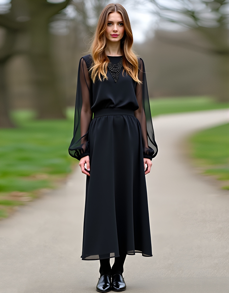 Sparkly Black A-Line Long Sleeves Rhinestones Chiffon Long Formal Dress