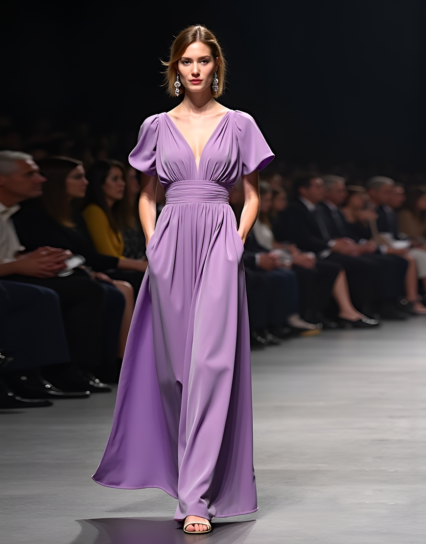 Purple A-Line V Neck Short Sleeves Pleating Long Formal Dress