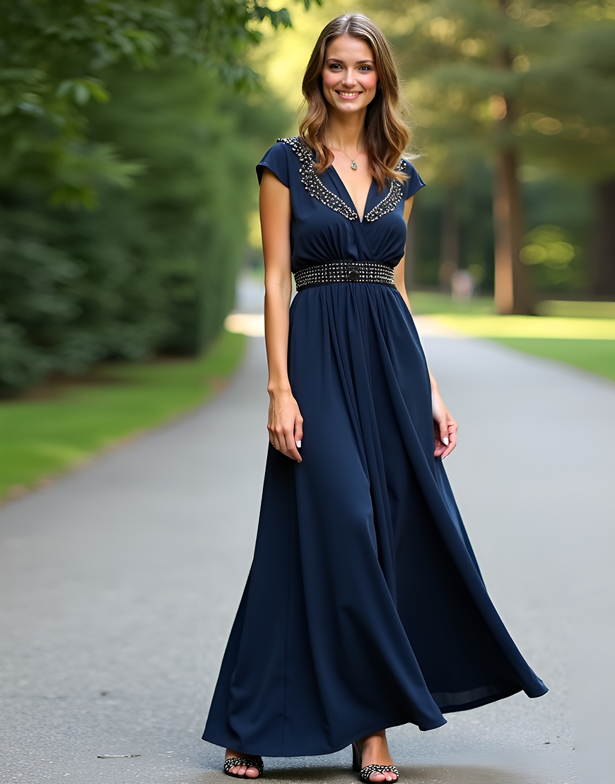 Sparkly Navy A-Line V-Neck Beaded Pleating Long Formal Dress