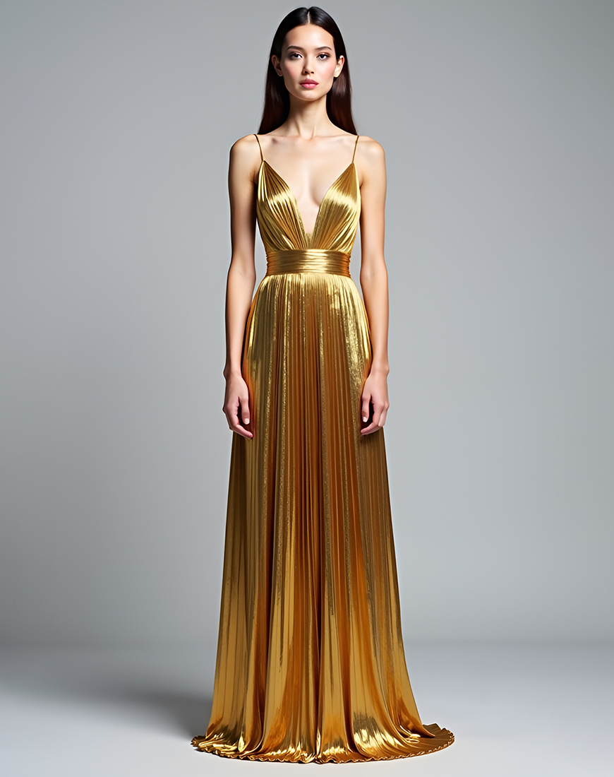 A Line Metallic Golden Spaghetti Straps Pleated Long Prom Dress