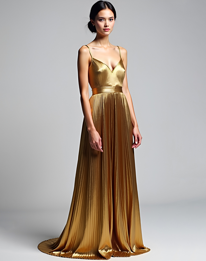 Metallic Golden A Line Spaghetti Straps Long Formal Dress