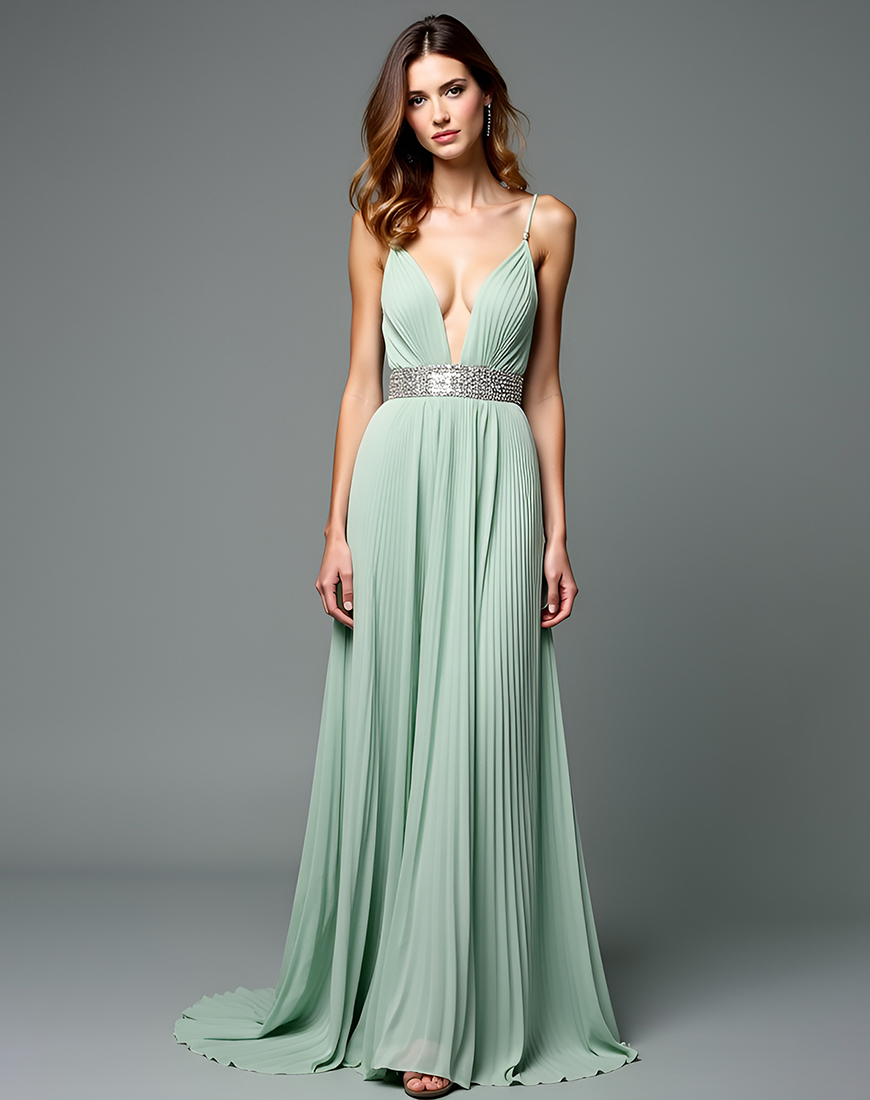 A Line Green Spaghetti Straps Pleated Long Formal Dress With Beading