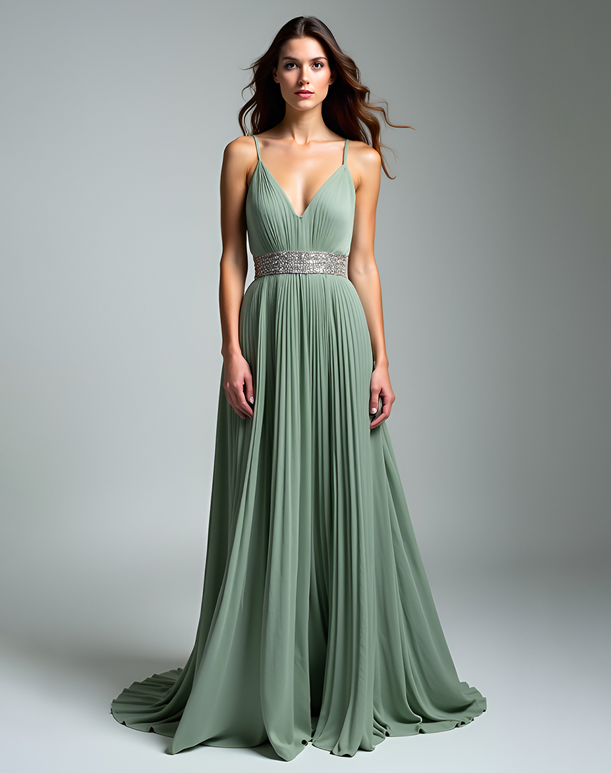 A Line Spaghetti Straps Dusty Sage Pleated Long Formal Dress