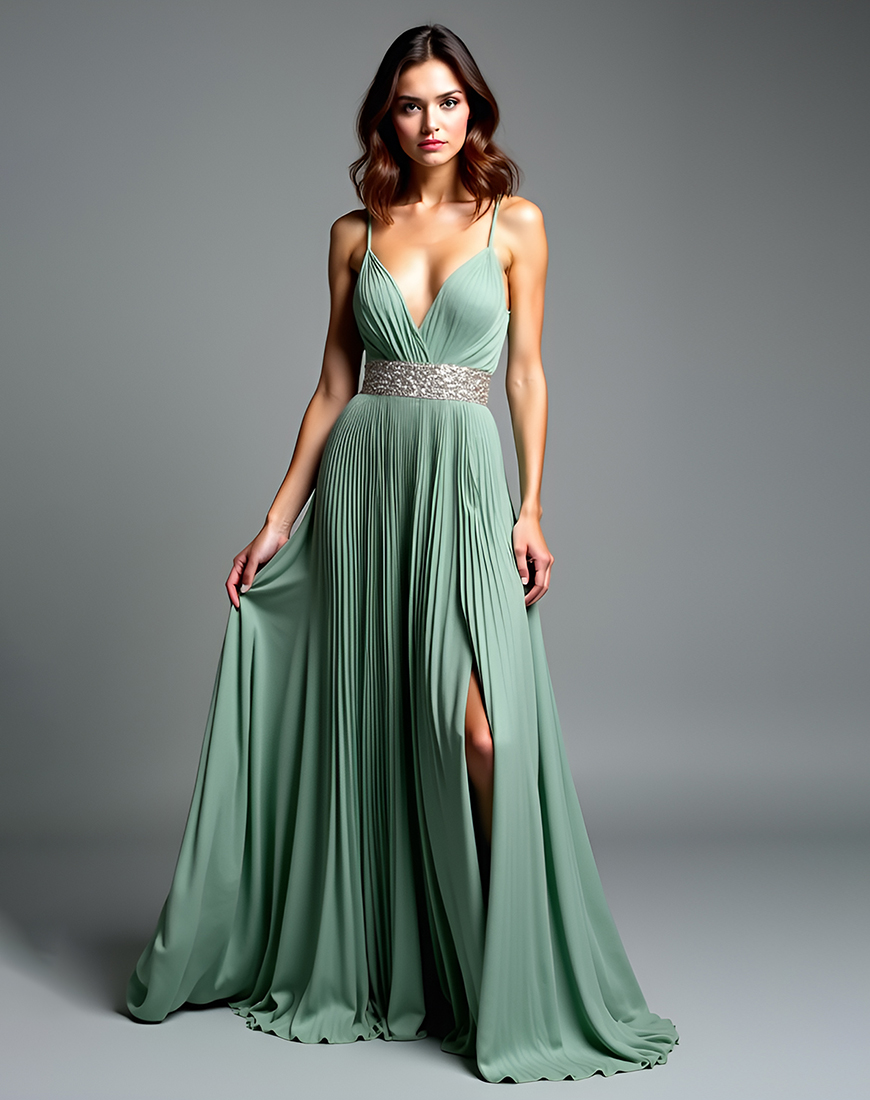 A Line Pleated Spaghetti Straps Dusty Sage Long Prom Dress with Slit