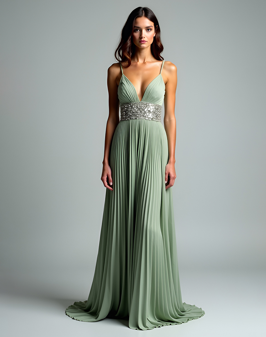 Pleated Grey Green Spaghetti Straps A Line Long Formal Dress