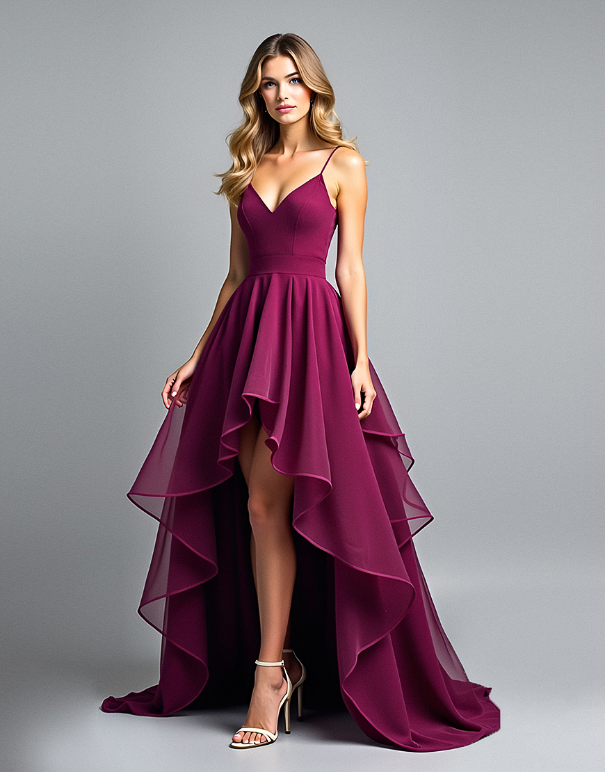 Dark Purple A Line Spaghetti Straps Tiered Asymmetrical Formal Dress