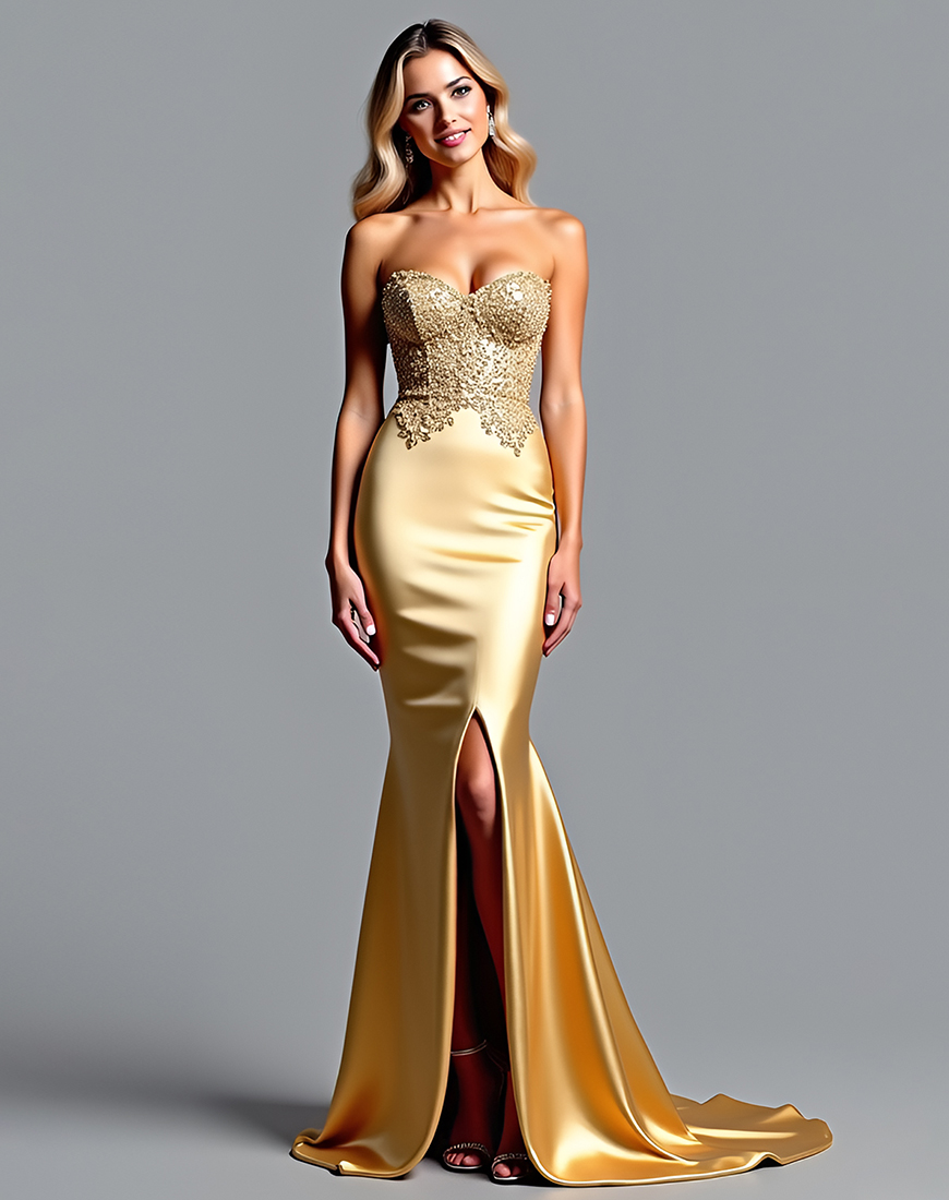Mermaid Appliqued Golden Sweetheart Long Prom Dress with Slit