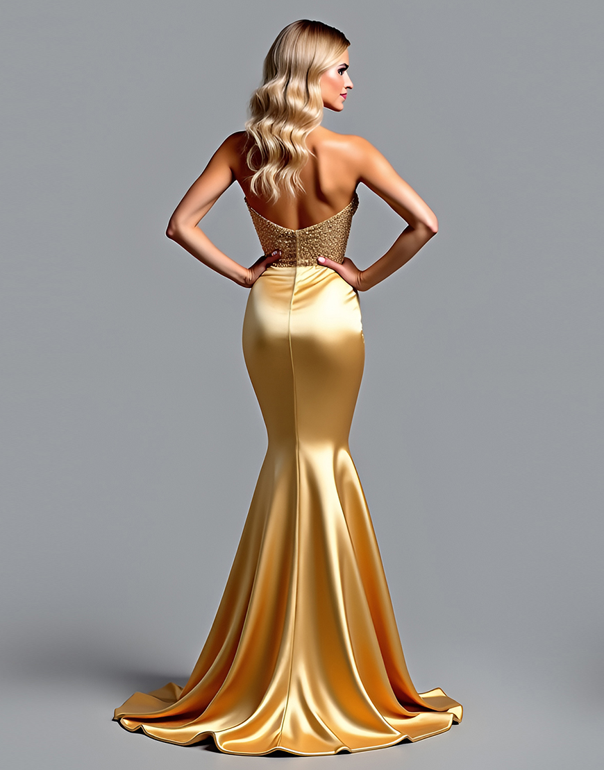 Mermaid Appliqued Golden Sweetheart Long Prom Dress with Slit