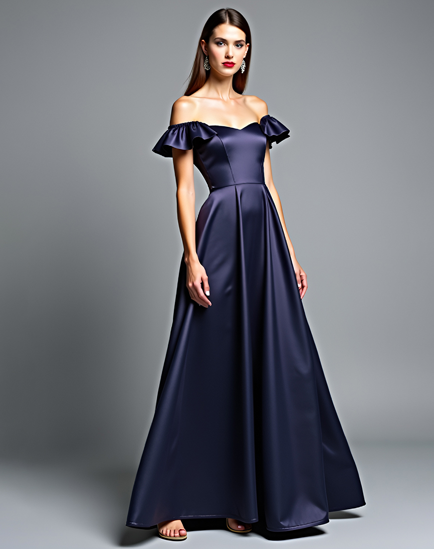 Navy A Line Off the Shoulder Long Formal Dress with Ruffles