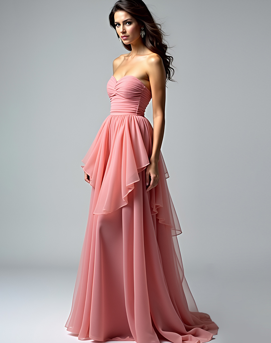A Line Dusty Rose Strapless Ruched Long Prom Dress with Ruffles