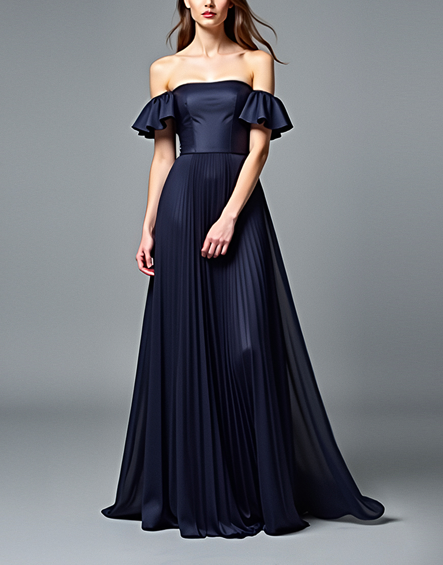 A Line Navy Off the Shoulder Pleated Formal Dress with Ruffles