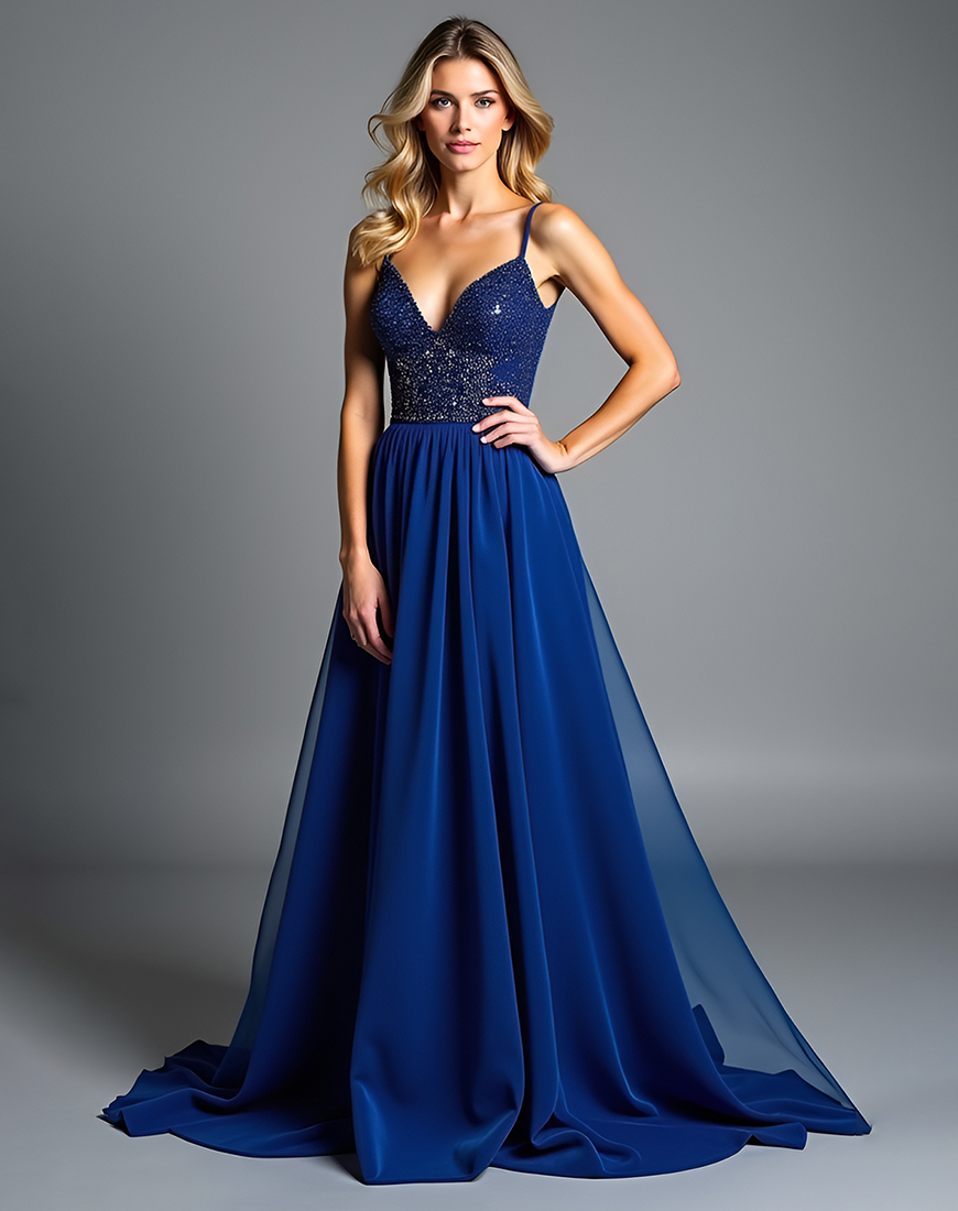 Sparkly A Line Royal Blue Spaghetti Straps Ruched Long Prom Dress With Sequin