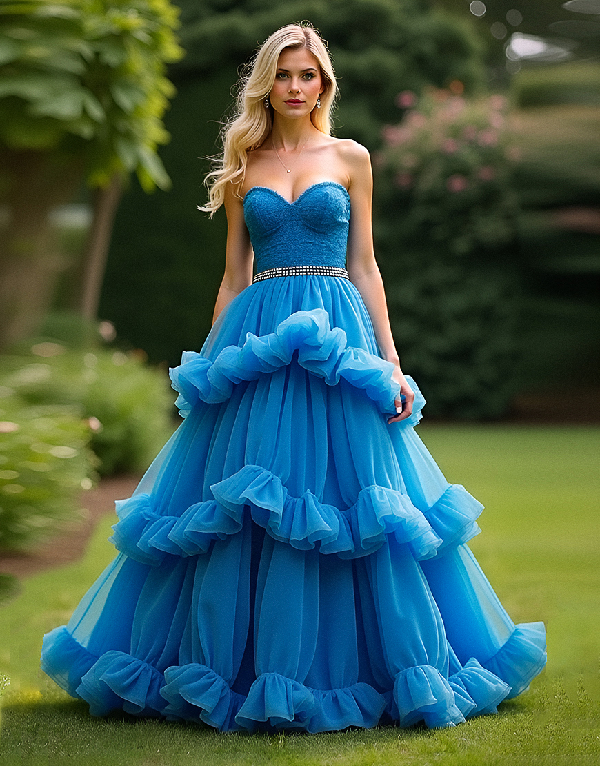 Blue Sweetheart A Line Tiered Long Prom Dress with Beading
