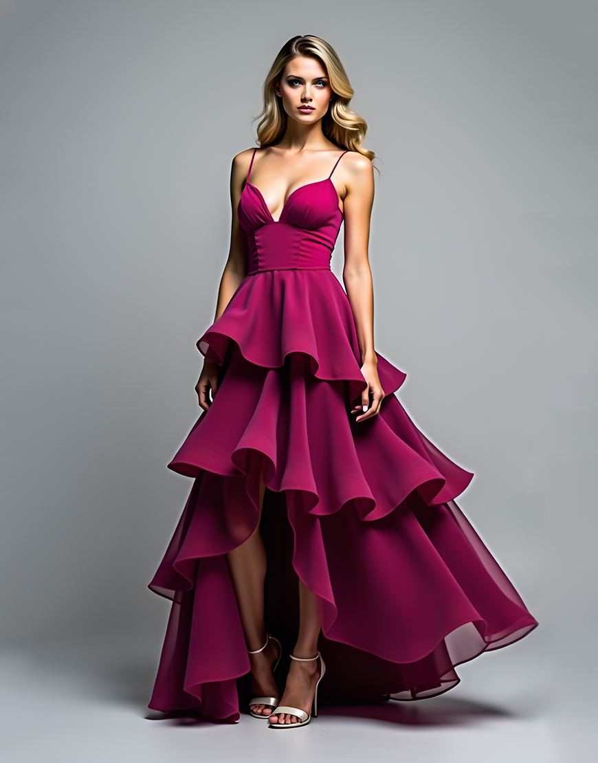 A Line Dark Purple Spaghetti Straps Tiered Asymmetrical Formal Dress