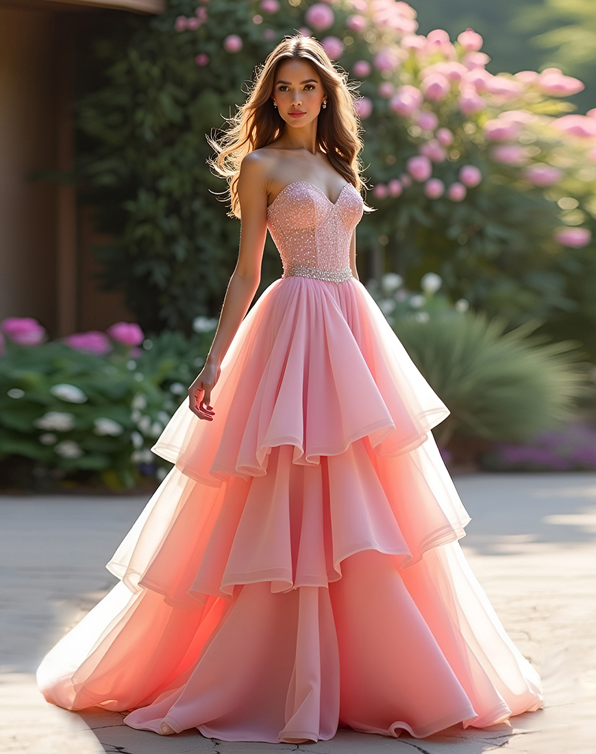 Sparkly A Line Pink Sequined Sweetheart Tiered Long Prom Dress with Ruffles