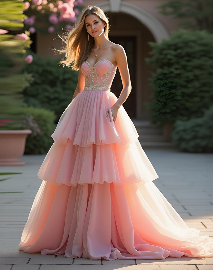 Beaded Sweetheart Blush A Line Tiered Long Prom Dress with Ruffles