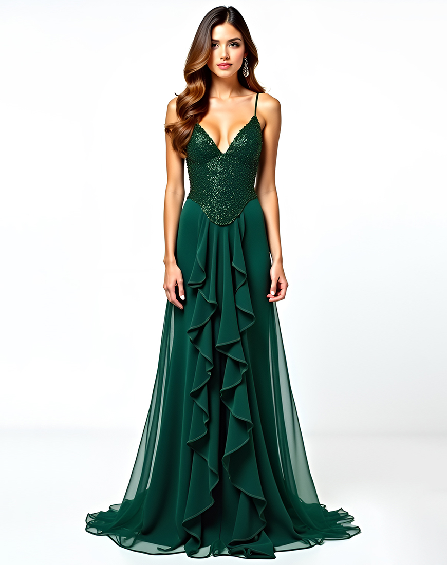 Sparkly A Line Dark Green Spaghetti Straps Long Prom Dress with Ruffles