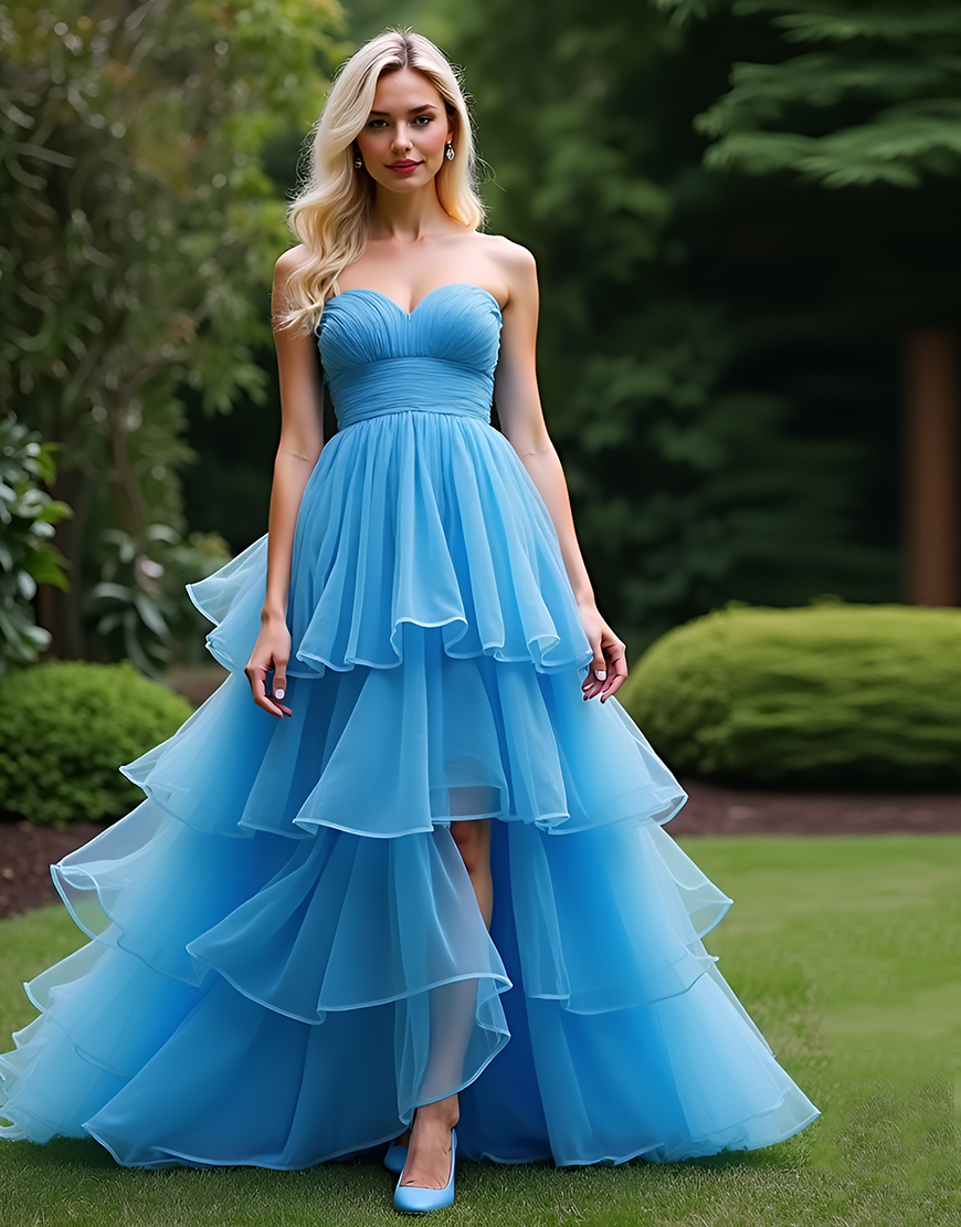 A Line Blue Strapless Tiered Ruched Long Prom Dress With Ruffles