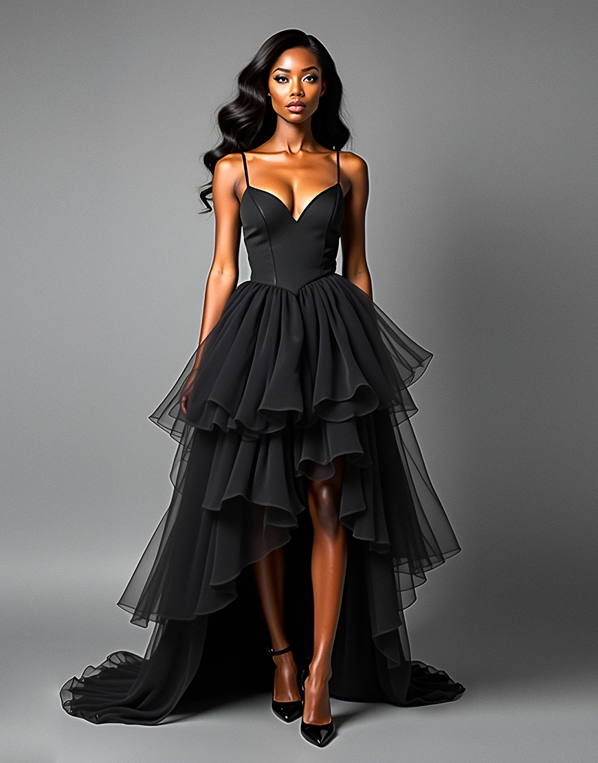 Black A Line Spaghetti Straps Tiered Asymmetrical Tulle Long Prom Dress