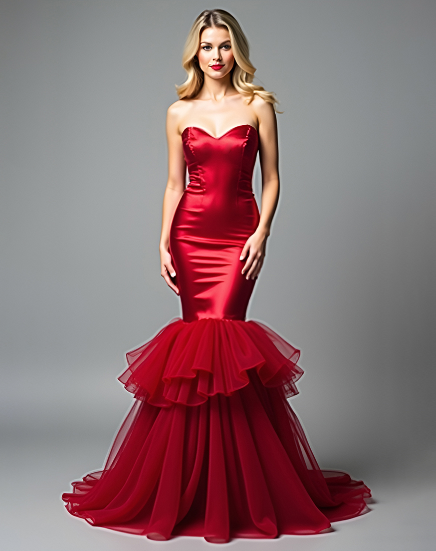 Mermaid Sweetheart Red Backless Long Prom Dress With Ruffles