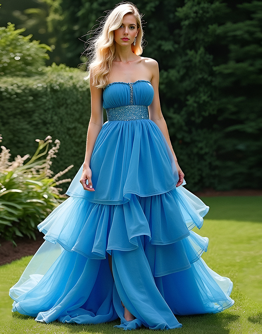 Sparkly Blue Strapless Ruffles Ruched Ball Gown with Beading