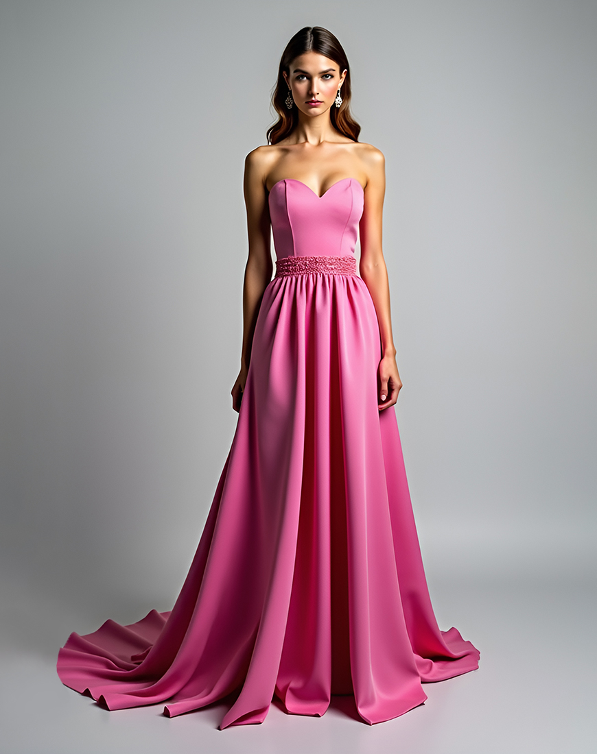 A Line Fuchsia Strapless Ruched Long Prom Dress With Beading