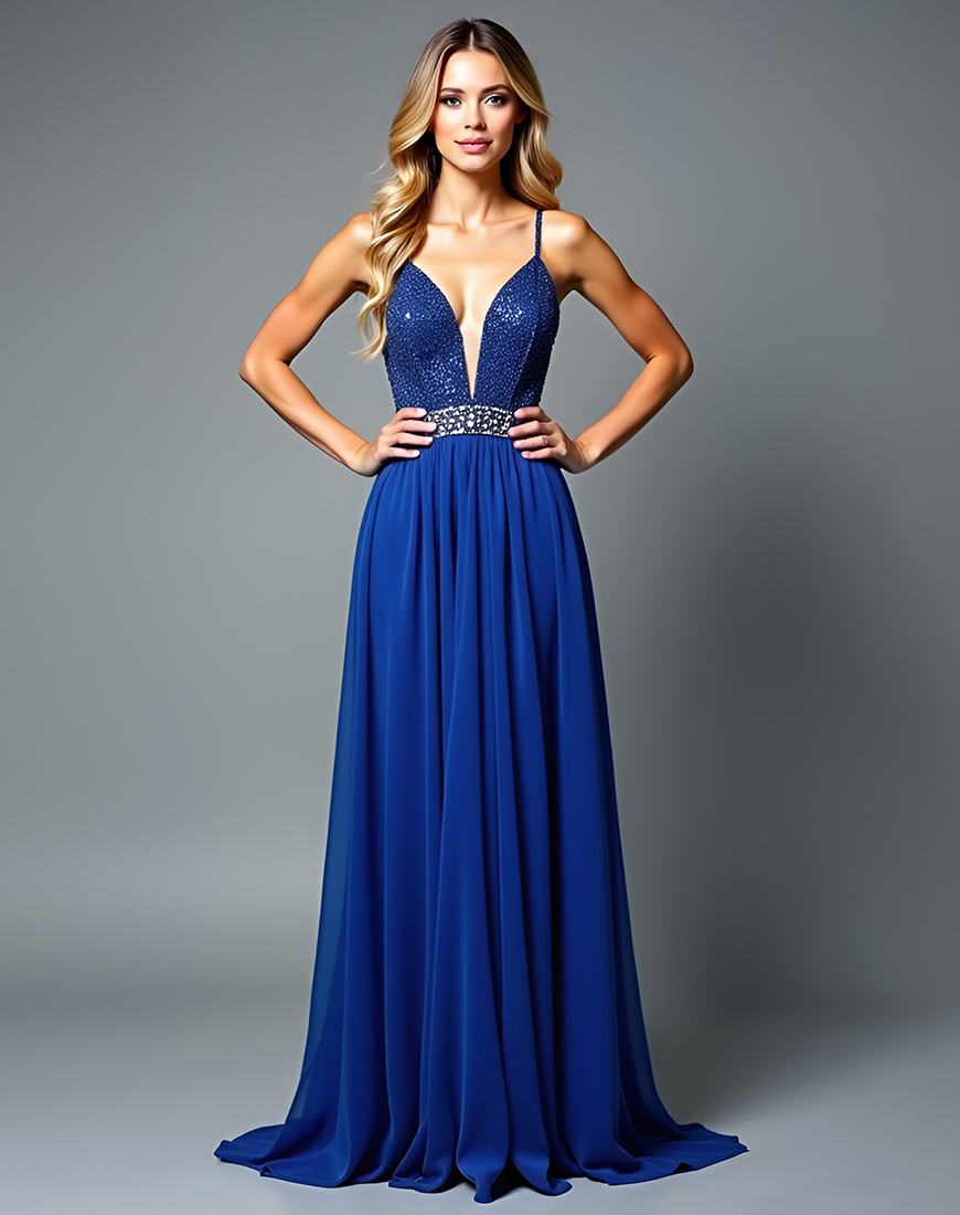 Sparkly Spaghetti Straps Royal Blue A Line Long Prom Dress With Sequin