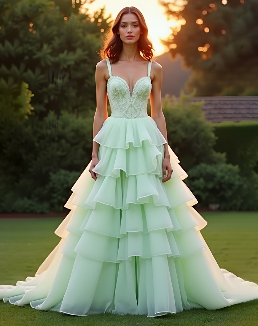 Ball Gown Green Spaghetti Straps Lace Tiered Long Prom Dress with Ruffles
