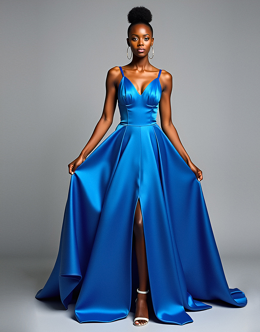 A Line Royal Blue Spaghetti Straps Long Satin Formal Dress with Slit