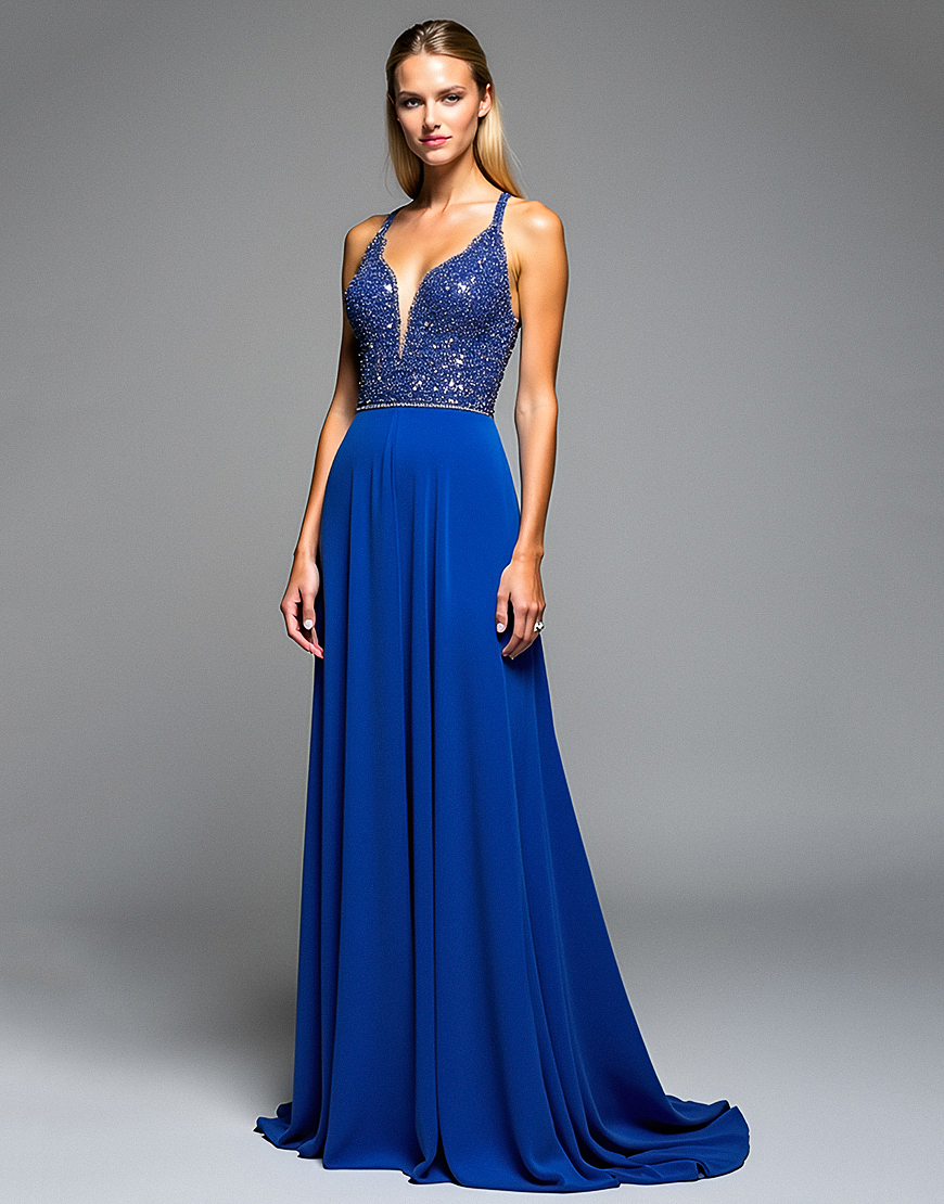 Sparkly Royal Blue A Line Spaghetti Straps Long chiffon Formal Dress with Beading