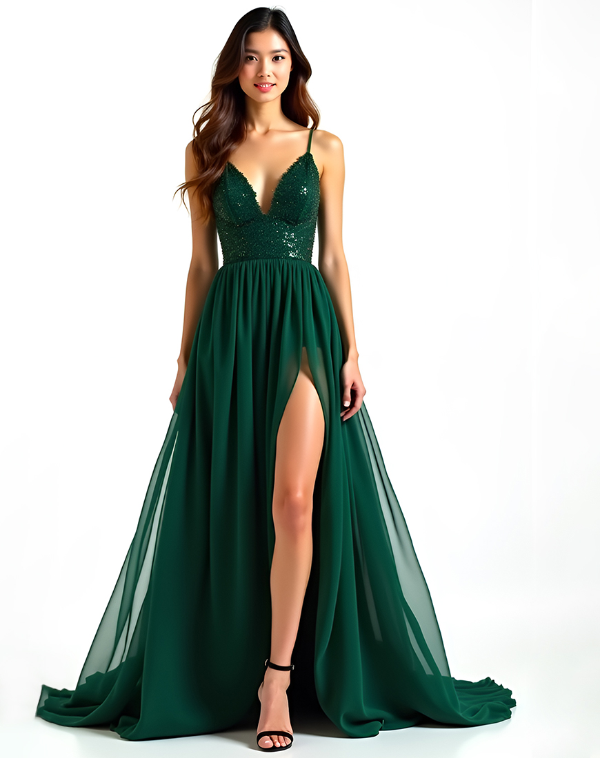 Sparkly A Line Dark Green Spaghetti Straps Long Prom Dress with Slit