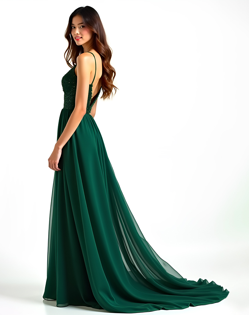 Sparkly A Line Dark Green Spaghetti Straps Long Prom Dress with Slit