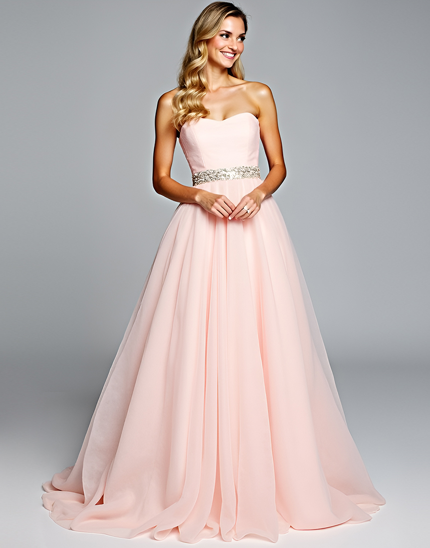 Sparkly A Line Light Pink Strapless Ruched Long Prom Dress With Beading
