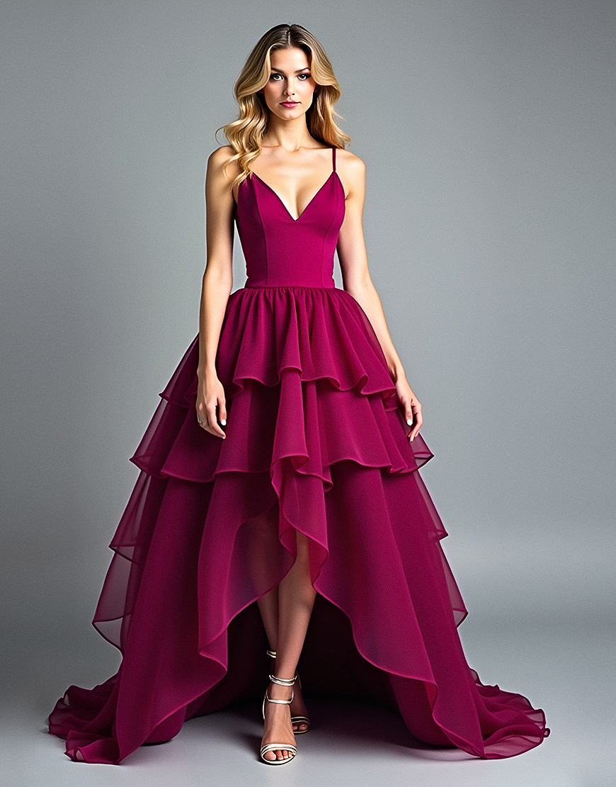 Burgundy A Line Spaghetti Straps Tiered Asymmetrical Chiffon Formal Dress