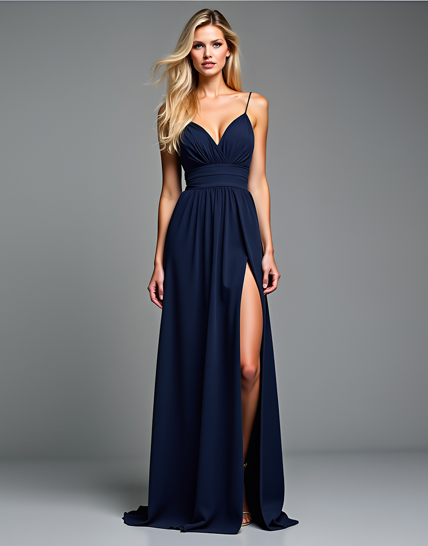 Sheath Spaghetti Straps Navy Backless Ruched Long Prom Dress