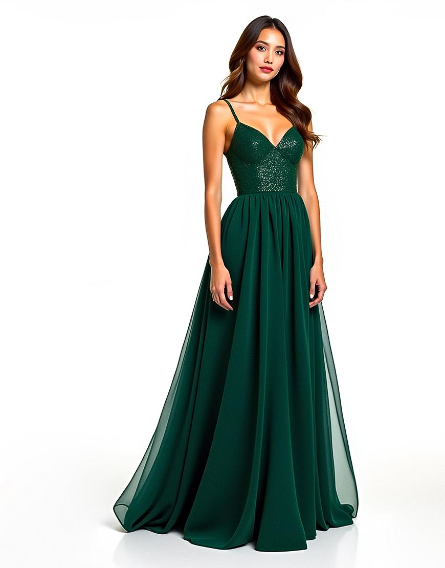 Dark Green A Line Spaghetti Straps Tulle Long Sequined Formal Dress with Slit