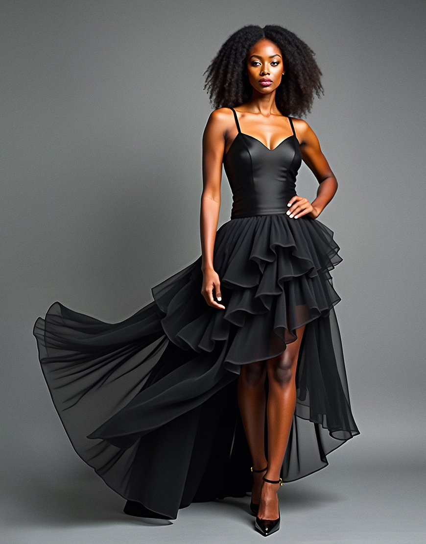 A Line Black Spaghetti Straps Tulle Tiered Asymmetrical Long Prom Dress