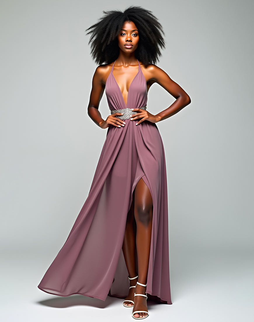 A Line Grey Purple Halter Neck Chiffon Long Prom Dress with Slit