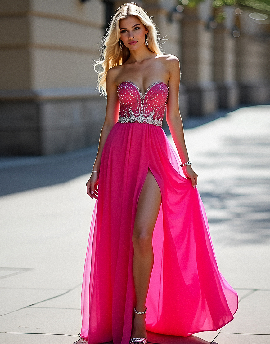 Sparkly Fuchsia Sweetheart Beaded Long Tulle Prom Dress with Slit