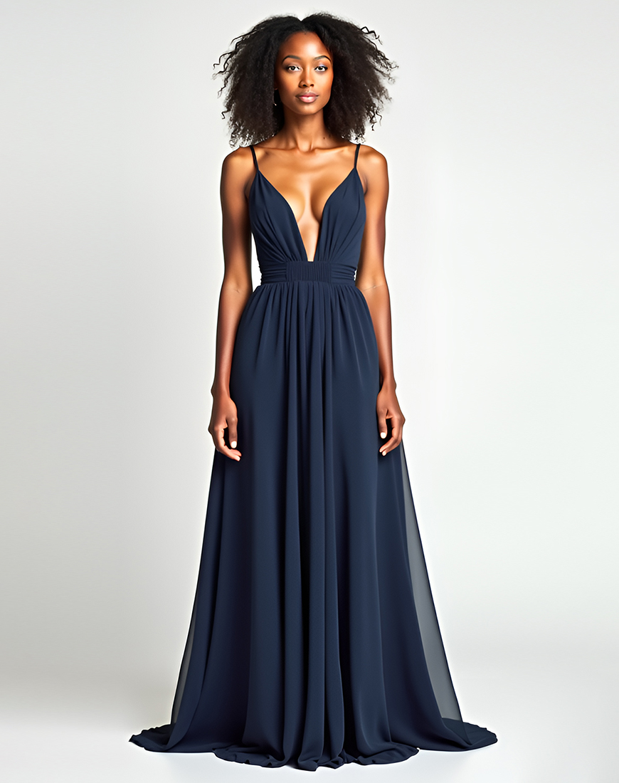 Navy A Line Spaghetti Straps Ruched Long Prom Dress