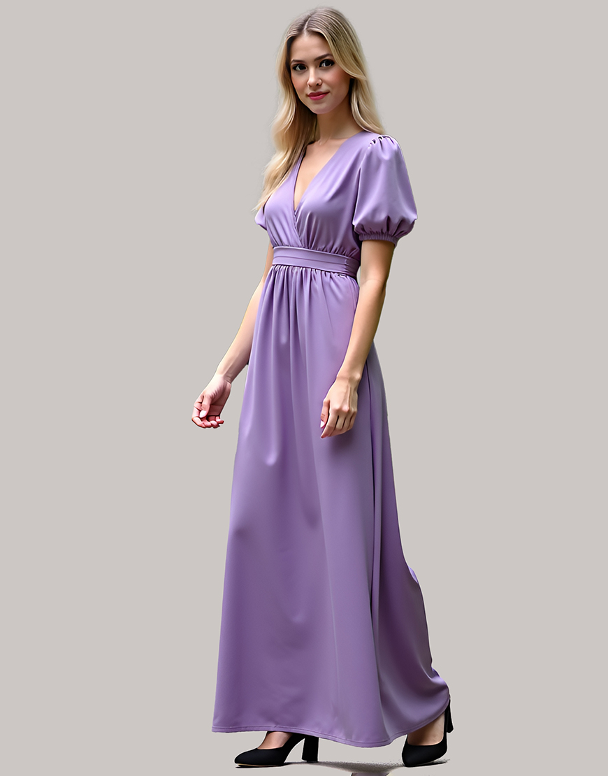 Purple A Line V Neck Puff Sleeve Long Formal Dress