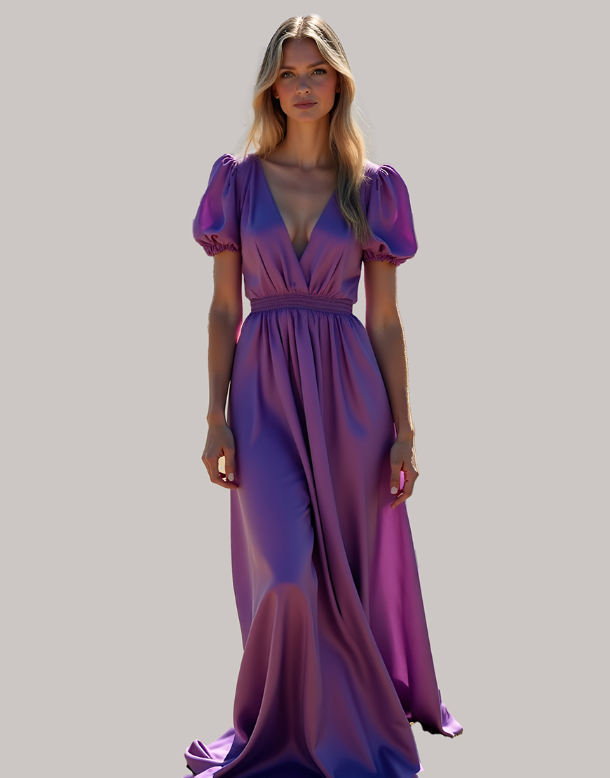  A Line Purple V Neck Puff Sleeve Open Back Long Formal Dress