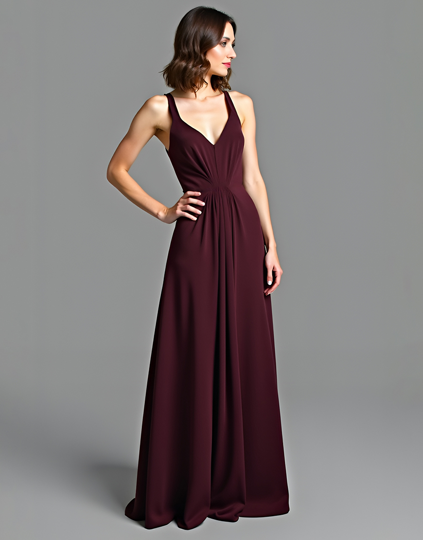  Cabernet A Line V Neck Ruched Long Formal Dress